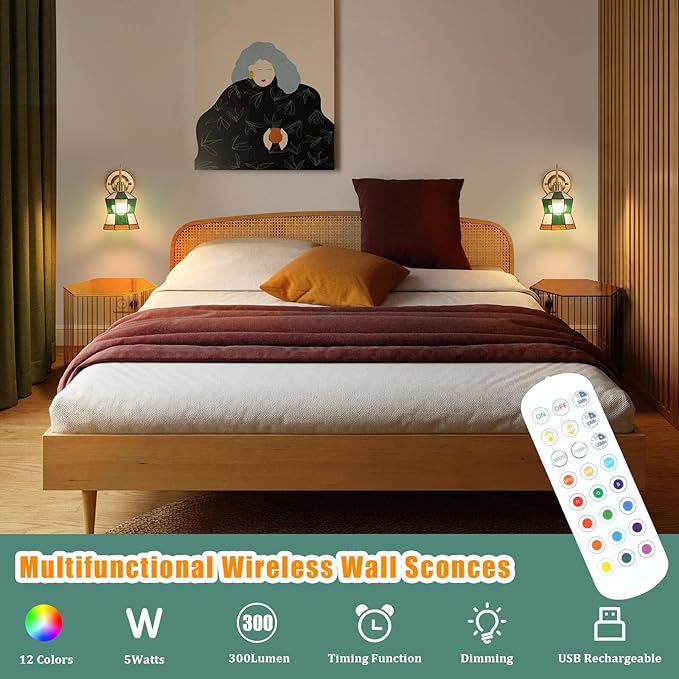 Vintage Battery Operated Wall Sconce Set of 2 with Remote, Rechargeable Wall Lamp 3 Colors Dimmable, Brass Lights Fixture for Bedroom Bathroom Living Room Hallway Polygonal Checker