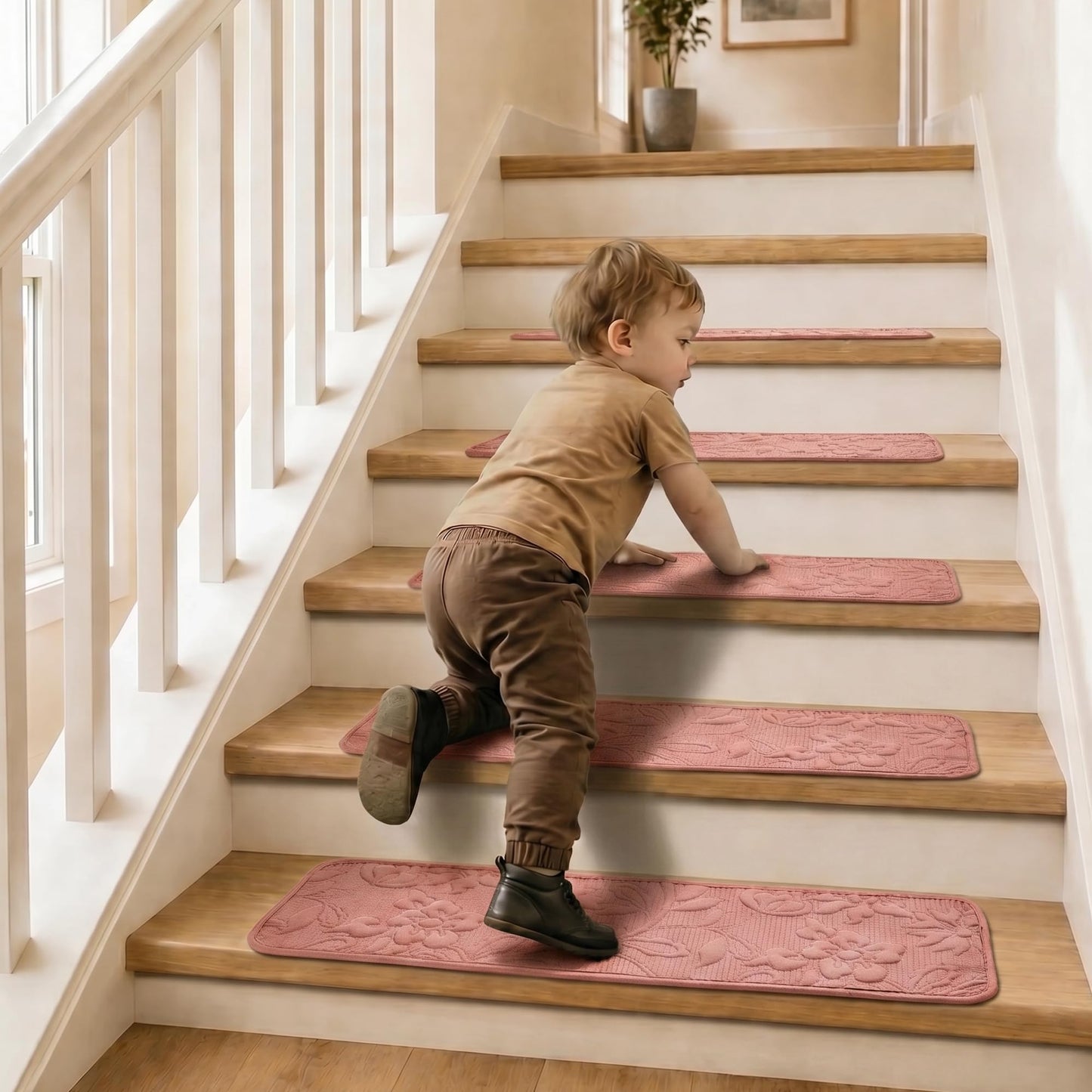 Stair Treads for Wooden Steps Indoor, Rugs Runners for Kids and Pets, 10"X30"(15Pack) 3D Embroidery Stair Carpet Treads with Reusable Non-Slip Silicone Particles Backing, Machine Washable, Dusty Rose