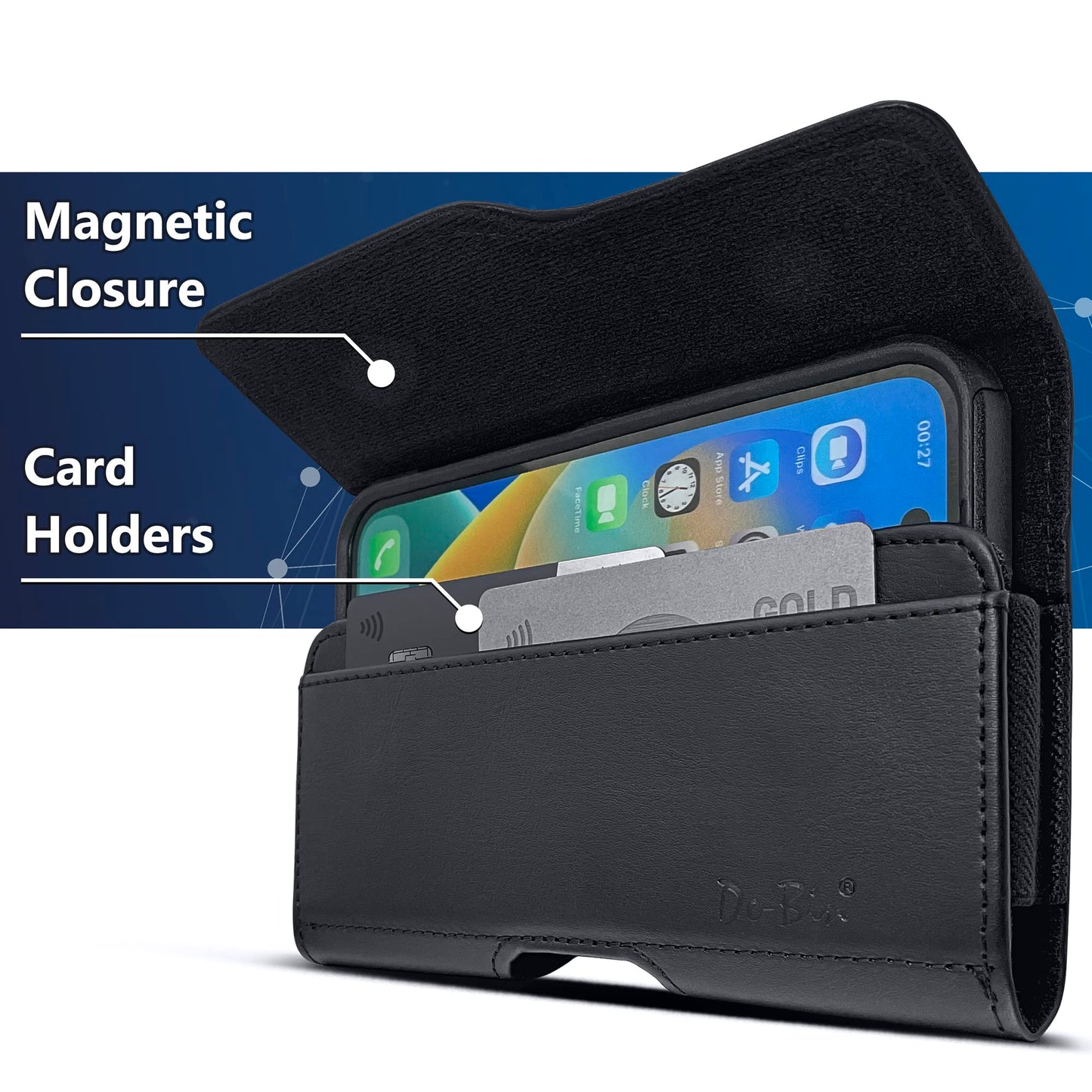 DeBin Holster for Large iPhone Plus, Pro Max Models 16 15 14 13 12 11 Xs Max – Cell Phone Belt Holder Case with Clip, Built-in ID Card Pouch (Fits Phone with Case on), Black