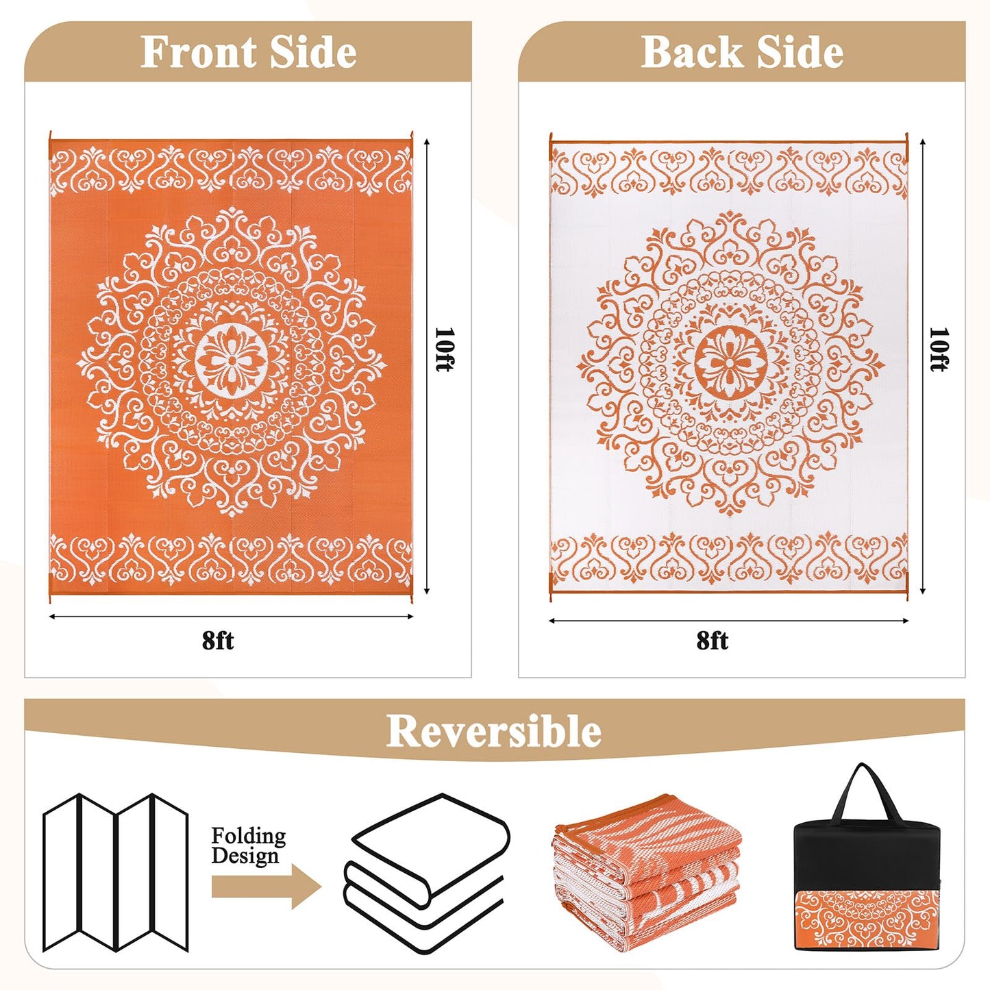 Pauwer Waterproof Outdoor Rug 8x10, Reversible Plastic Straw Patio Camping Rug, Indoor Outdoor RV Mat Carpet for Deck, Camper, Porch, Balcony, Backyard, Picnic, Floral Orange