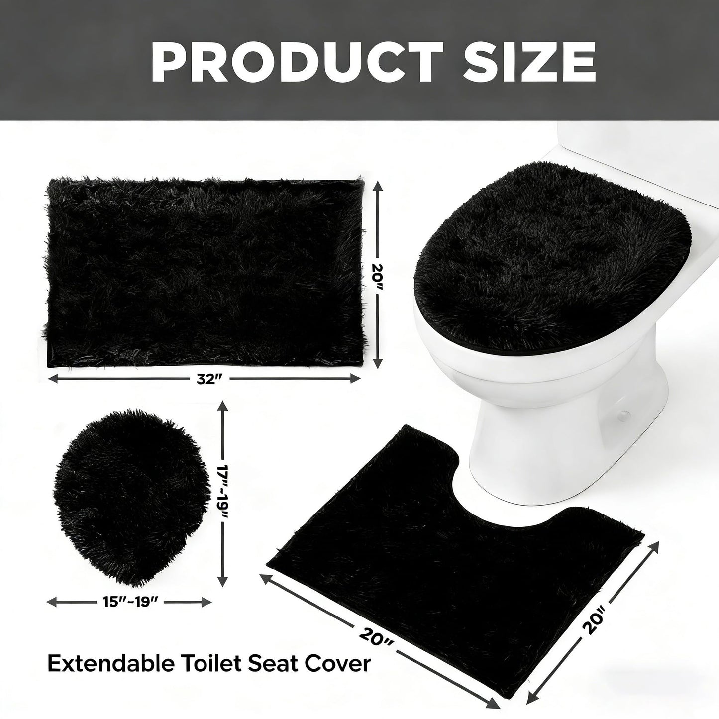 RUN HELIX Black Bathroom Rugs Sets 3 Piece Shaggy Bath Mat Non-Slip Mats Water Absorbent Bath Rug Floor Mats Soft Washable Shower Rug with U-Shaped Contour Rug Toilet Lid Cover Home Decor Accessories
