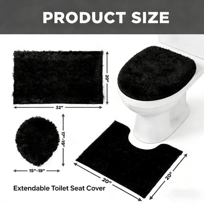 RUN HELIX Black Bathroom Rugs Sets 3 Piece Shaggy Bath Mat Non-Slip Mats Water Absorbent Bath Rug Floor Mats Soft Washable Shower Rug with U-Shaped Contour Rug Toilet Lid Cover Home Decor Accessories