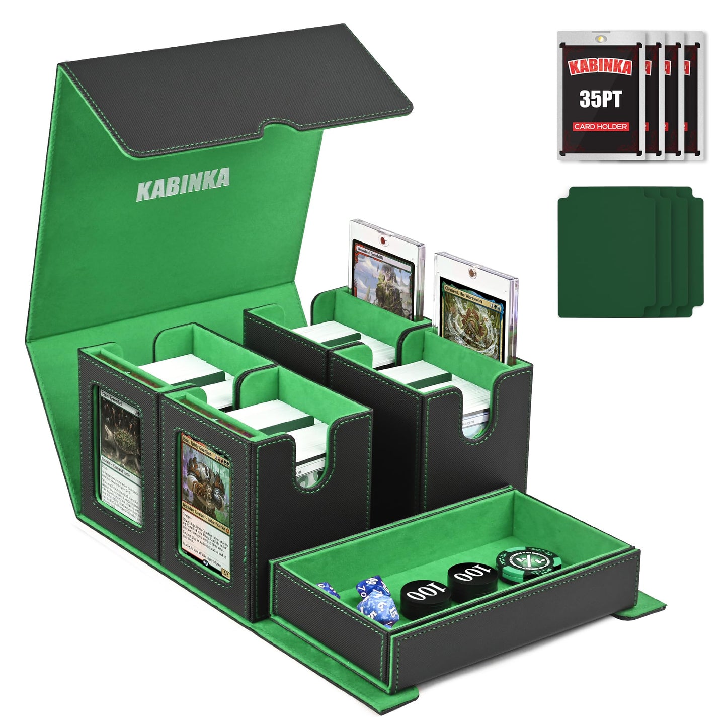Kabinka Card Deck Box for MTG Commander, Holds 400+ Double-Sleeved Cards, 5 IN 1 Detachable Card Case with Dice Tray, Fits Magic/TCG Cards, 4 Magnetic Card Holders & Dividers (Black Green)