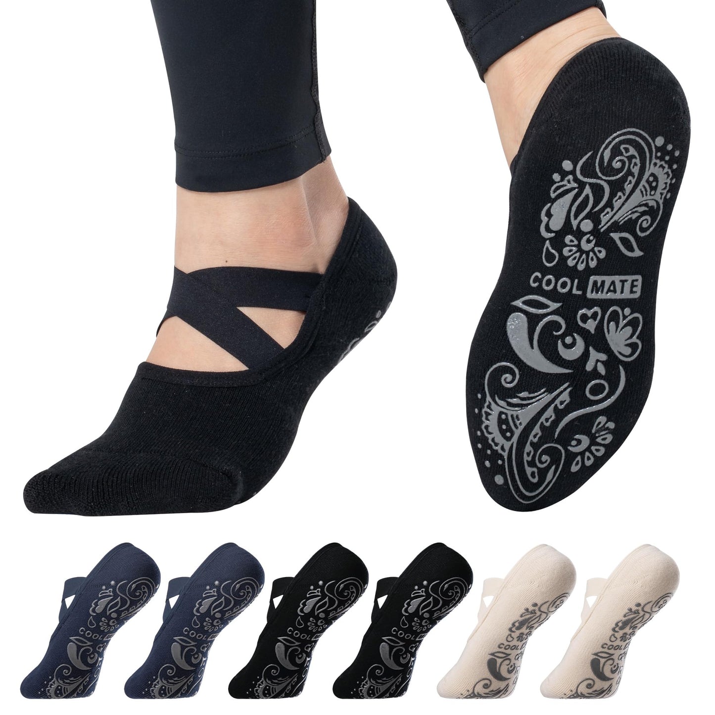 CoolMate Pilates Socks with Grips for Women, Yoga Socks, Crew Non Slip Women for Workout, Barre, Pilates Gifts