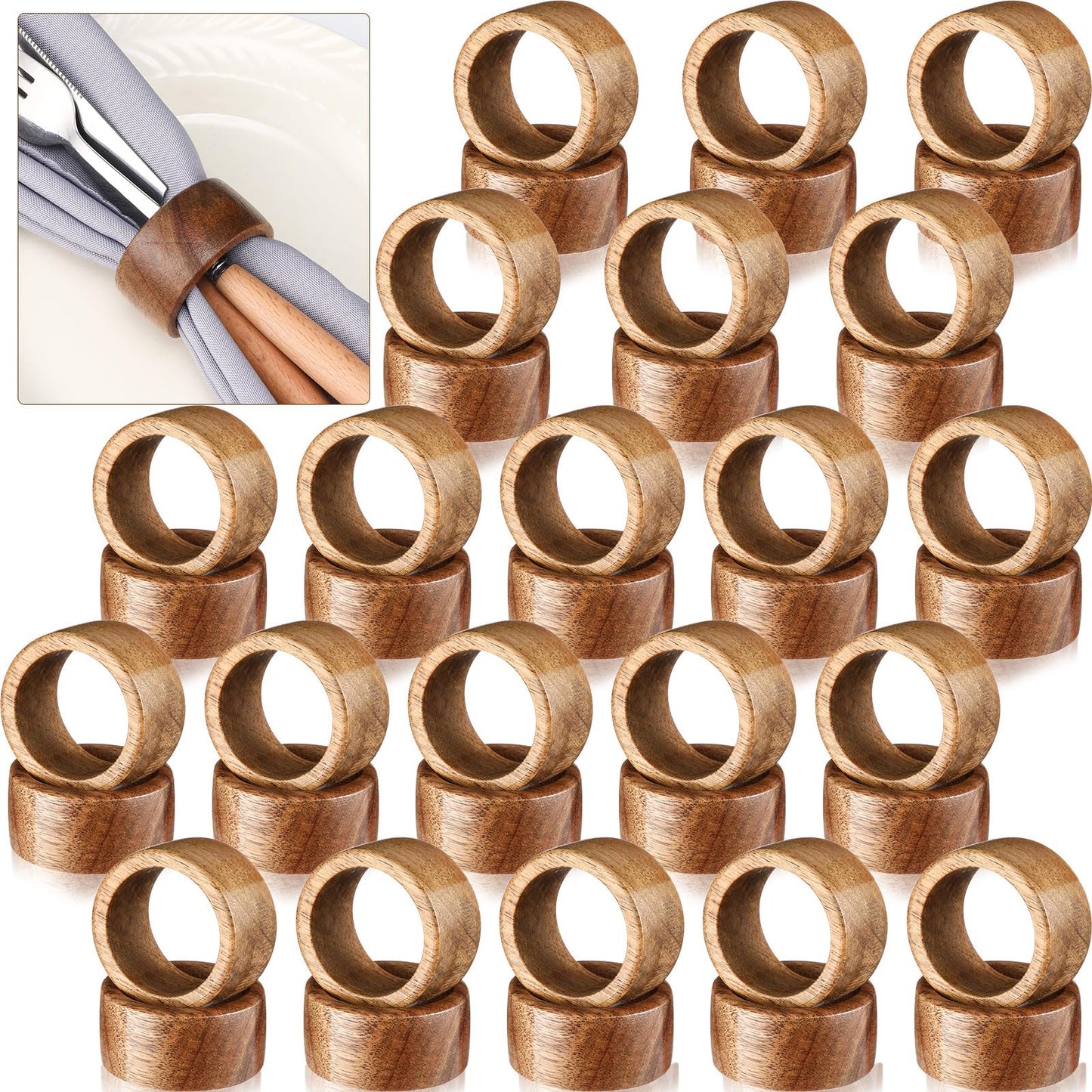 Zhehao 50 Pcs Wood Napkin Rings Bulk Acacia Handmade Dining Table Napkin Holder Buckles Farmhouse Serviette Ring for Holiday Dinner Anniversary Harvest Wedding Table Setting(Round,Brown)