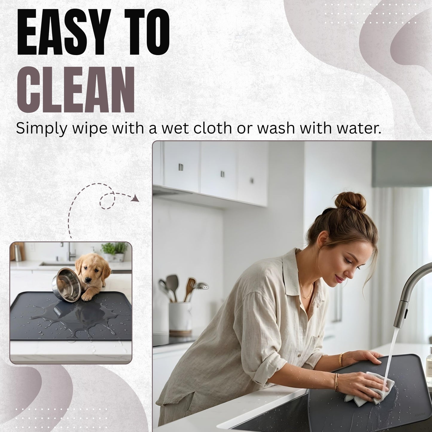 Alvoraz Silicone Pet Feeding Mat 2 Pack 19 x 12 Inch Waterproof Dog & Cat Food Mat with Raised Edge, Non Slip BPA Free Dog Bowl Mat for Food and Water Bowls, Spill Proof Floor Protector (Grey)