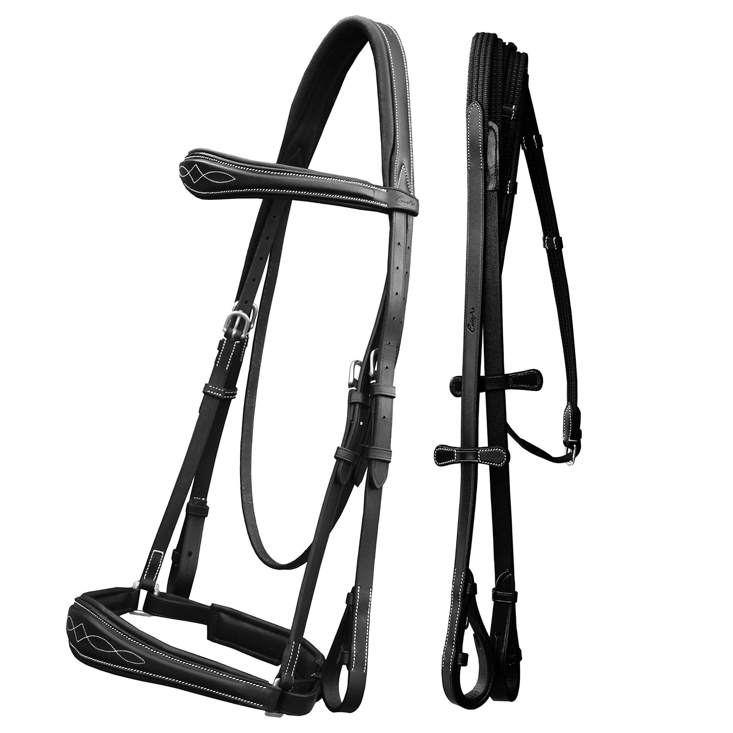 Exion Dressage Bridle for Horses – Anatomical Leather Bridle with Padded Noseband & Browband | Includes Web Reins with Hand Stoppers | Black & Brown | Cob, Full, Pony & Warmblood Sizes