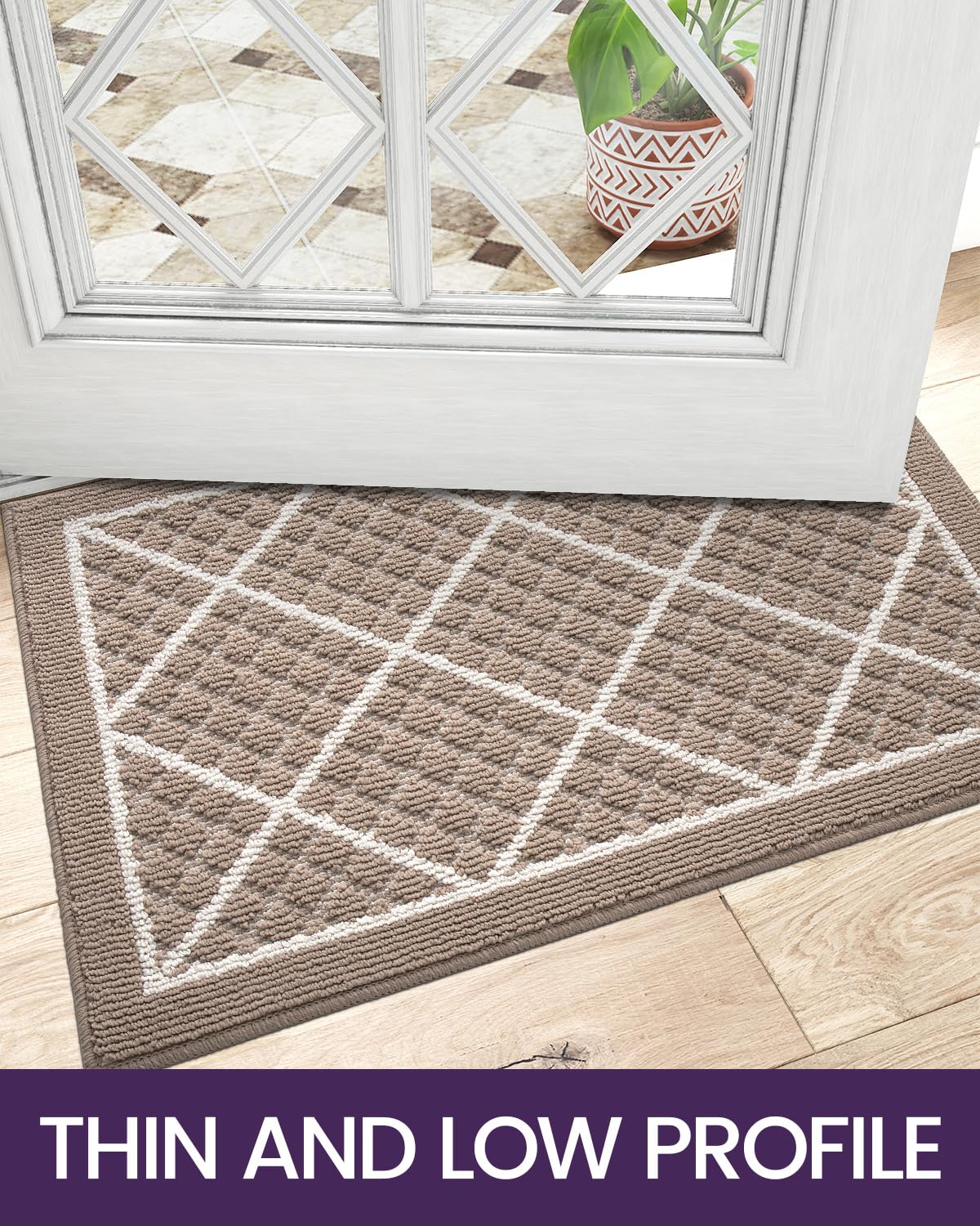 DEXI Front Door Mat 17x30, Non Slip Absorbent Entryway Doormat, Low Profile Thin Washable Entry Mats for Inside Home Entrance, Garage, Patio, Beige
