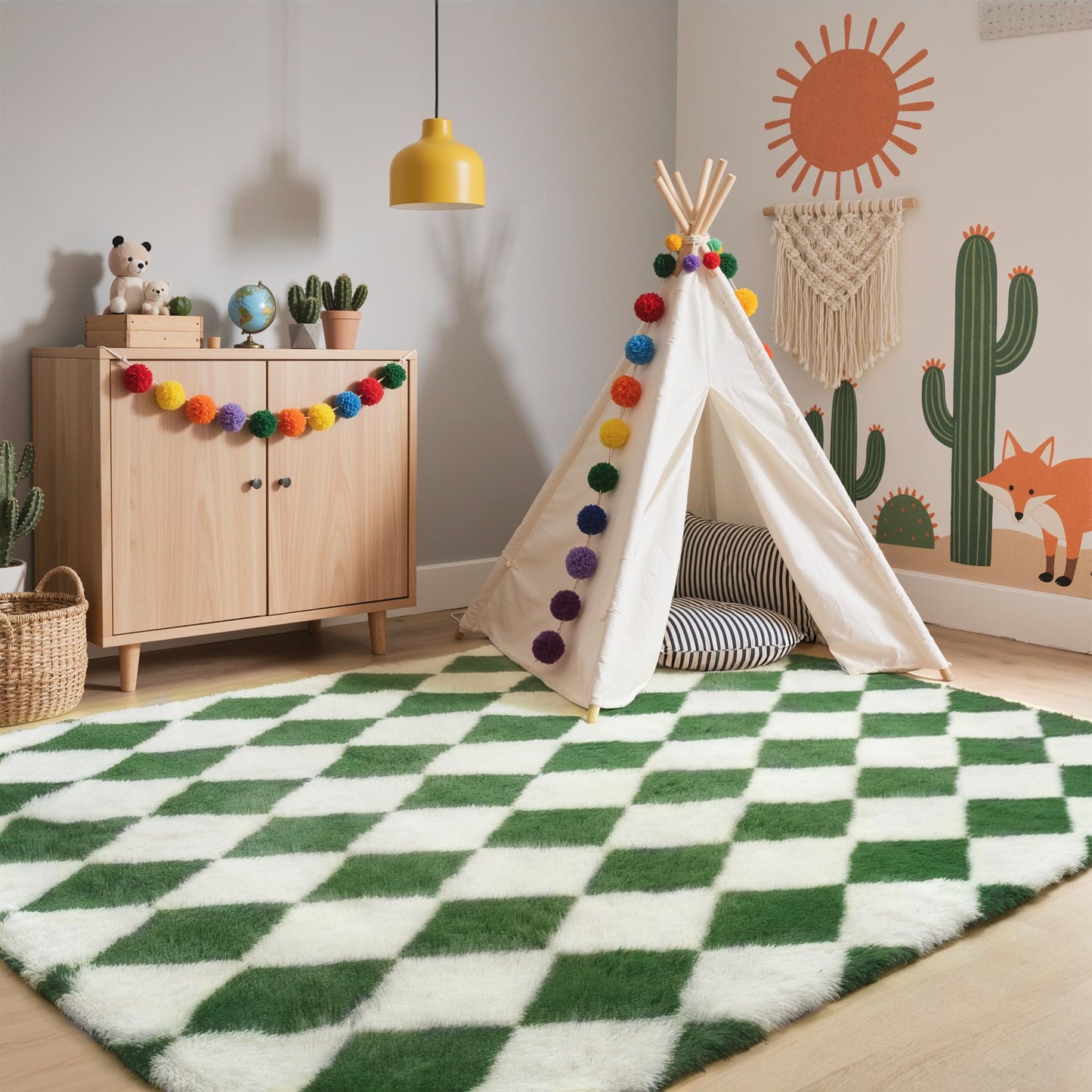 GENIMO Checkered Rug 5x7 Area Rugs for Kids Bedroom Soft Shag Rug Fluffy Fuzzy Carpet Plush Rugs for Living Room Nursery Playroom Dorm Modern Home Decor Aesthetic, Green and White