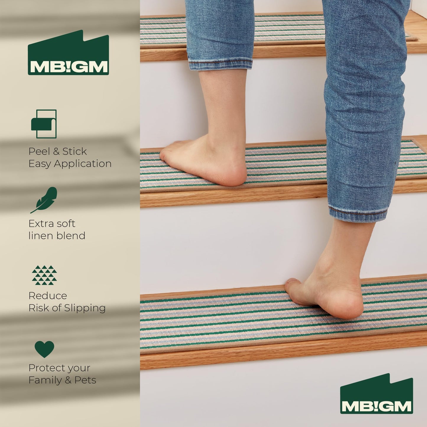 MBIGM 8" X 30" (15 in Pack) Non-Slip Carpet Stair Treads Non-Skid Safety Rug Slip Resistant Indoor Runner for Kids Elders & Pets with Reusable Adhesive - Soft Stripes - Serene Sage