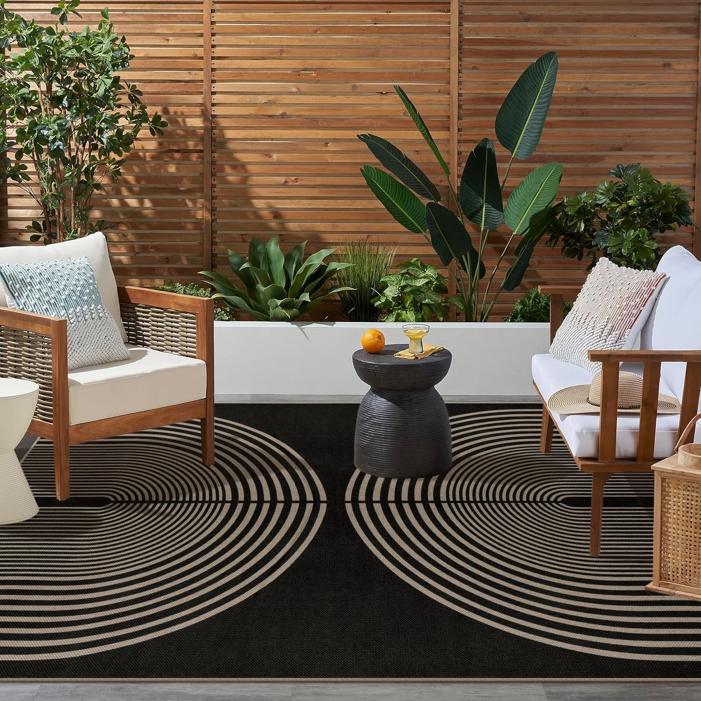 Rugalia Easy Jute 5x7 Outdoor Patio Rug, Washable Black Boho Rainbow Rugs for Living Room, Non-Slip Modern Farmhouse Outdoor Mat Neutral Abstract Floor Carpet for Patio Dining Room Backyard