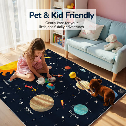 Nayoroom Solar Planets Play Rug - 5x7ft Kids Carpet with Solar Planets Words Design, Non-Slip Faux Wool Educational Rug for Kids, Bedroom Playroom Gift.