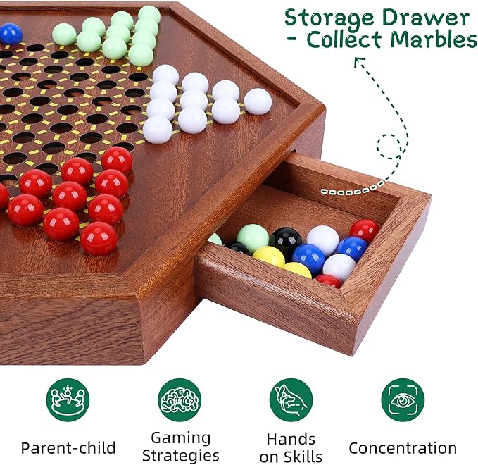 Wooden Chinese Checkers Set with Storage Drawer 13 inches Upgraded Version Game Board 60+12 Acrylic Marbles in 6 Colors Classic Strategy Games for Adults and Kids Fun for Family Gathering