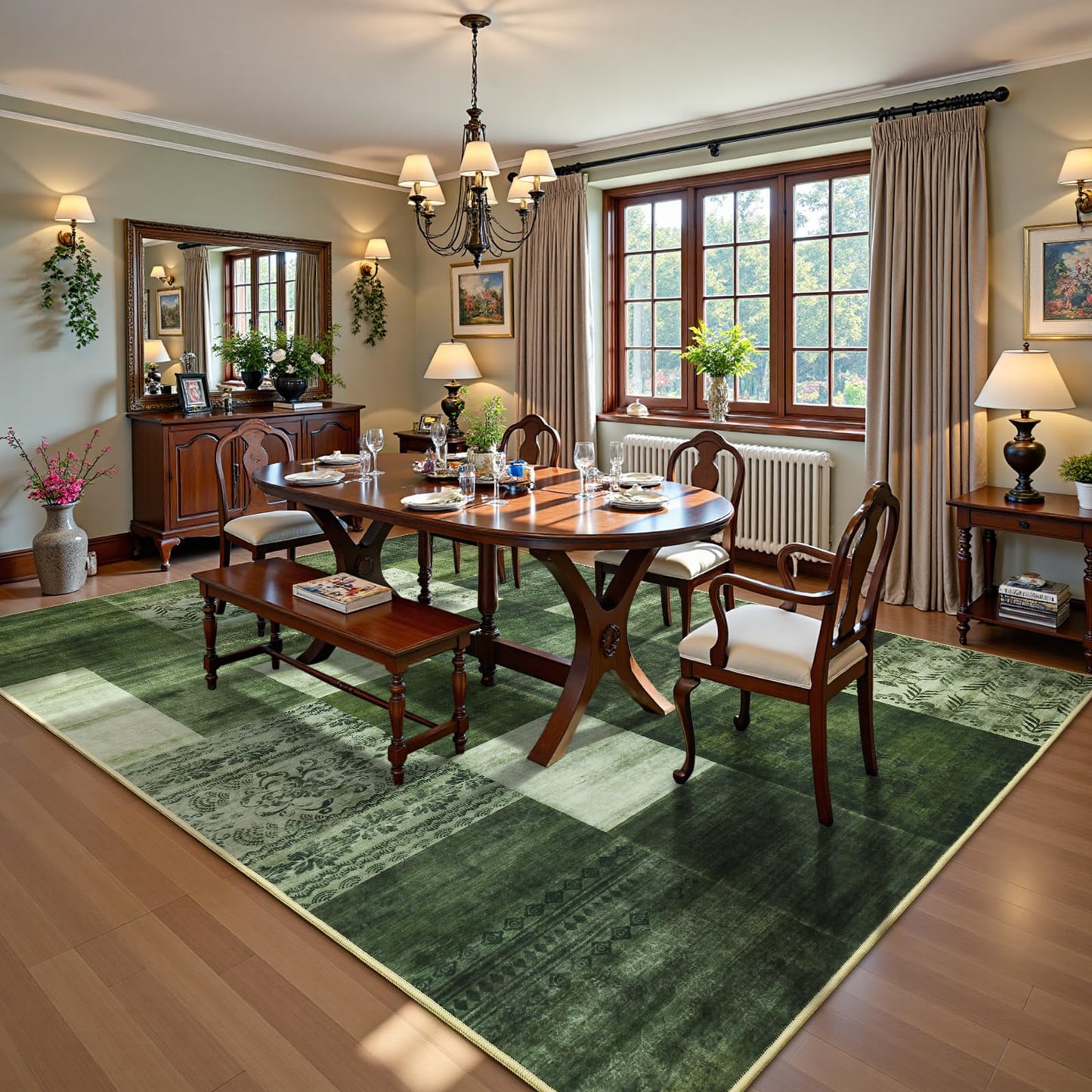DweIke Washable Area Rugs 5x7 for Living Room, Modern Geometric Green Soft Patchwork Carpet, Non-Slip Stain Resistant Throw Rug for Bedroom Dining Room Office Home Decor