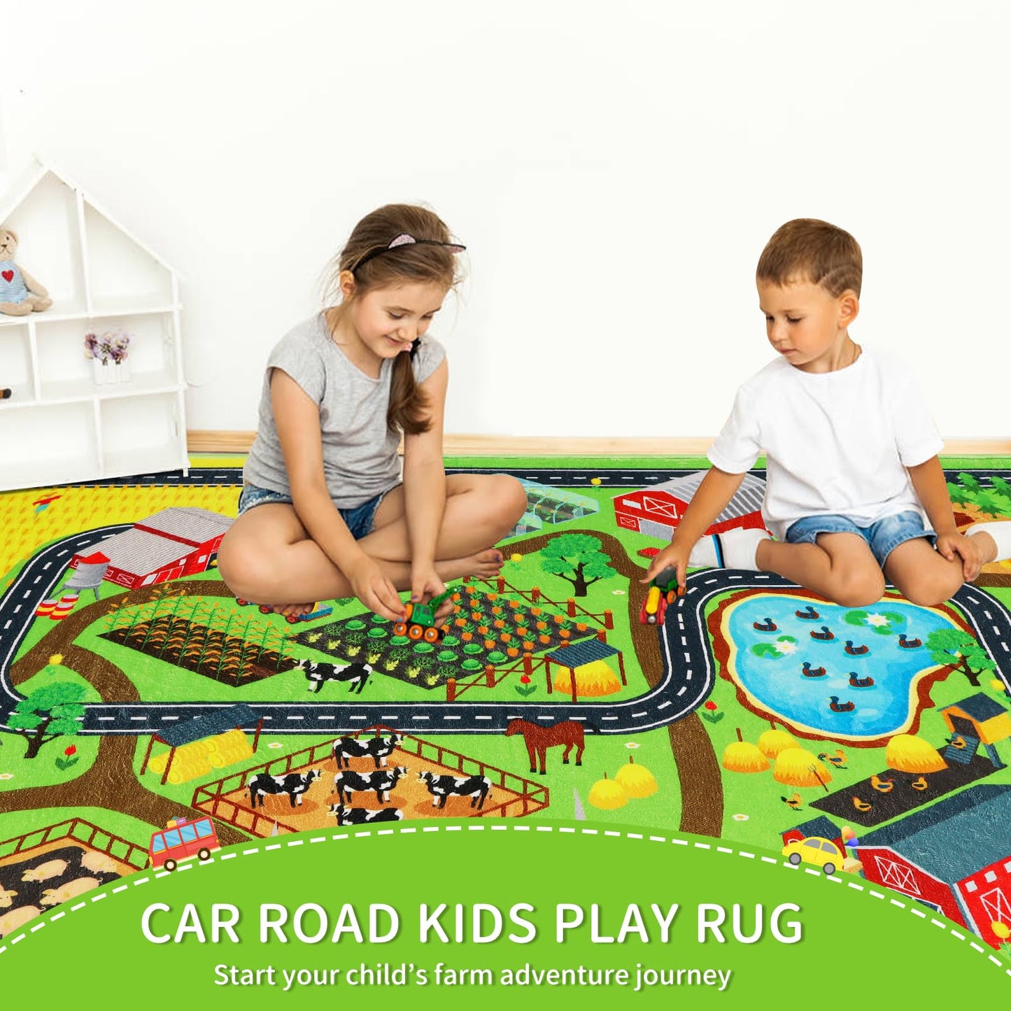 Mfmiudole Kids Rug for Car Toy Farm Track View, Large Play Rug 6'7" x 9'2" with Road Traffic Play Carpet Washable Educational Mat for Toddler Playroom Classroom Nursery (1-Farm Life, 110"×78.7")