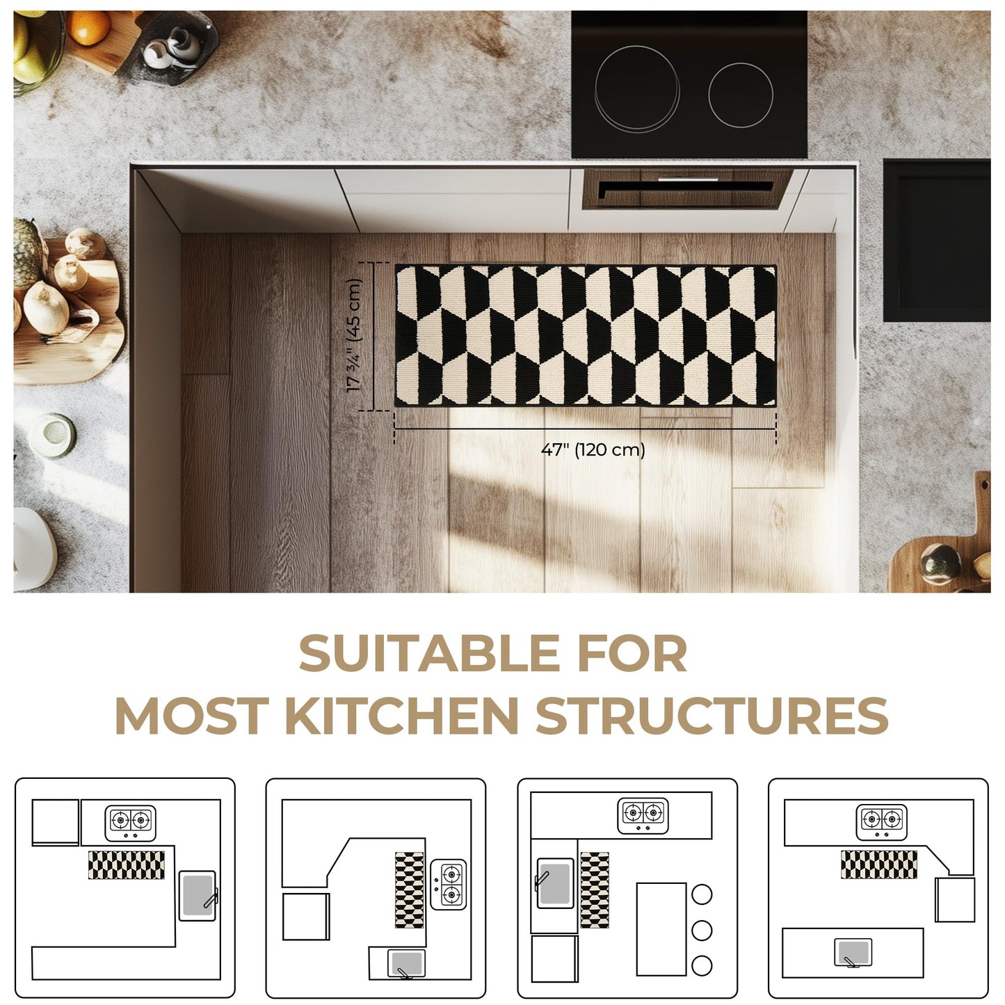 GRANNY SAYS Kitchen Mats for Floor, Kitchen Rugs Non Slip Washable, Runner Rugs for Kitchen Floor, 47" x 17.7", Stain Resistant Comfort Standing Mat Made of 100% Polypropylene, Black