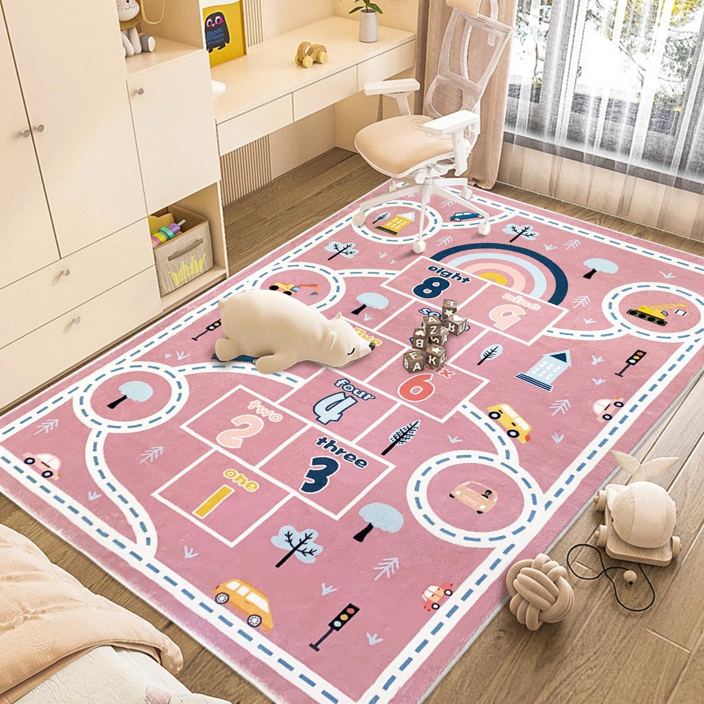 Abeigoi Kids Play Mat Hopscotch Car Area Rug 5x8Ft Extra Large for Girls Bedroom Soft Classroom Educational Learning Children Preschool Car Road Boys Gift, Pink