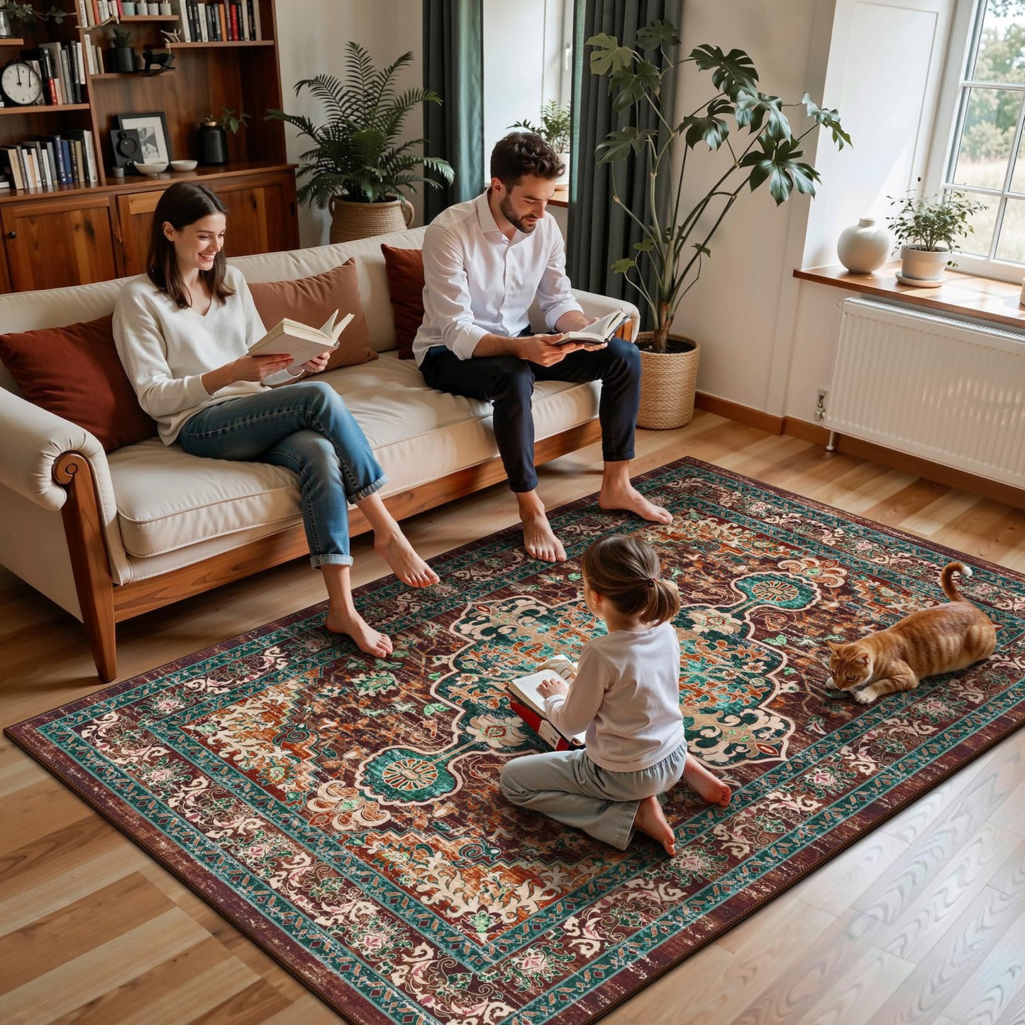 U'Artlines Boho Vintage Area Rug 5x7 Machine Washable Low Pile Ultra-Thin Soft Floor Carpet Non Slip Non Shedding Accent Rug for Living Room Bedroom Entryway Dining Room Office(Rust＆Teal)