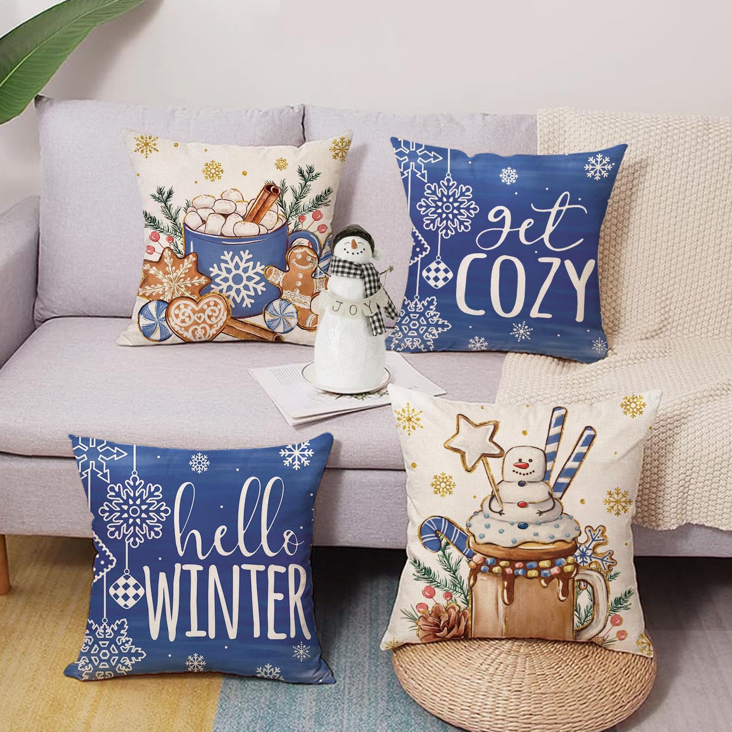 Fjfz Hello Winter Dark Blue Decorative Throw Pillow Covers 18 x 18 Set of 4, Christmas Get Cozy Hot Cocoa Gingerbread Man Porch Outdoor Home Decor, Snowflakes Snowman Seasonal Couch Cushion Case