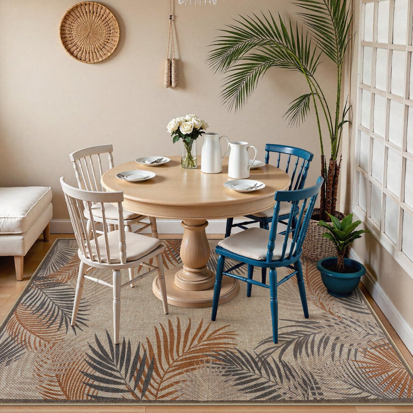 LIVEBOX Modern Easy Jute 5x7 Outdoor Rug, Washable Area Rugs for Living Room Patio Tropical Leaf Indoor Outdoor Rug, Boho Farmhouse Non Slip Carpet for Backyard Foyer Dining Room(Beige, 5'x7')