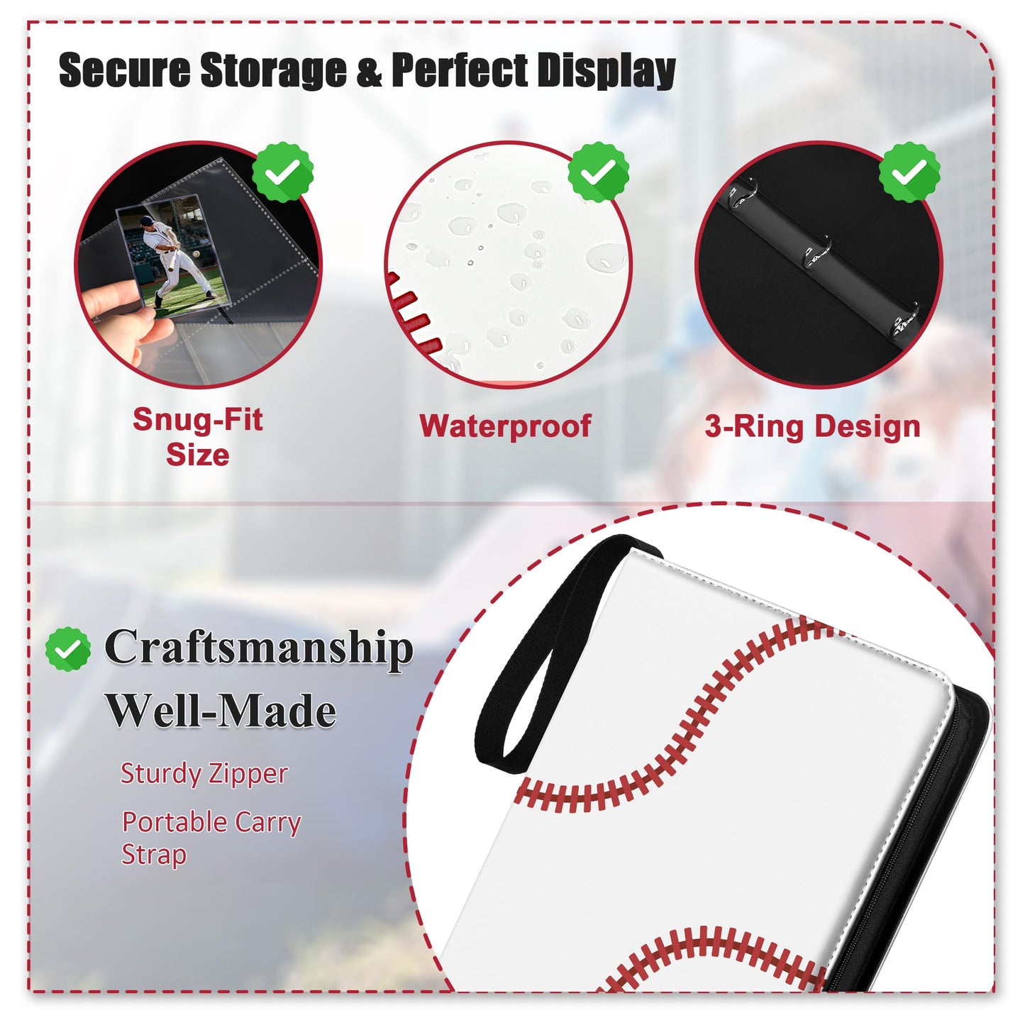 Trading Card Binder Album, PU Leather Baseball Card Binder with 900 Side Loading Pockets, Double Sided Pocket Zipper Card Binder for TCG Game Cards, Sports Cards (White)