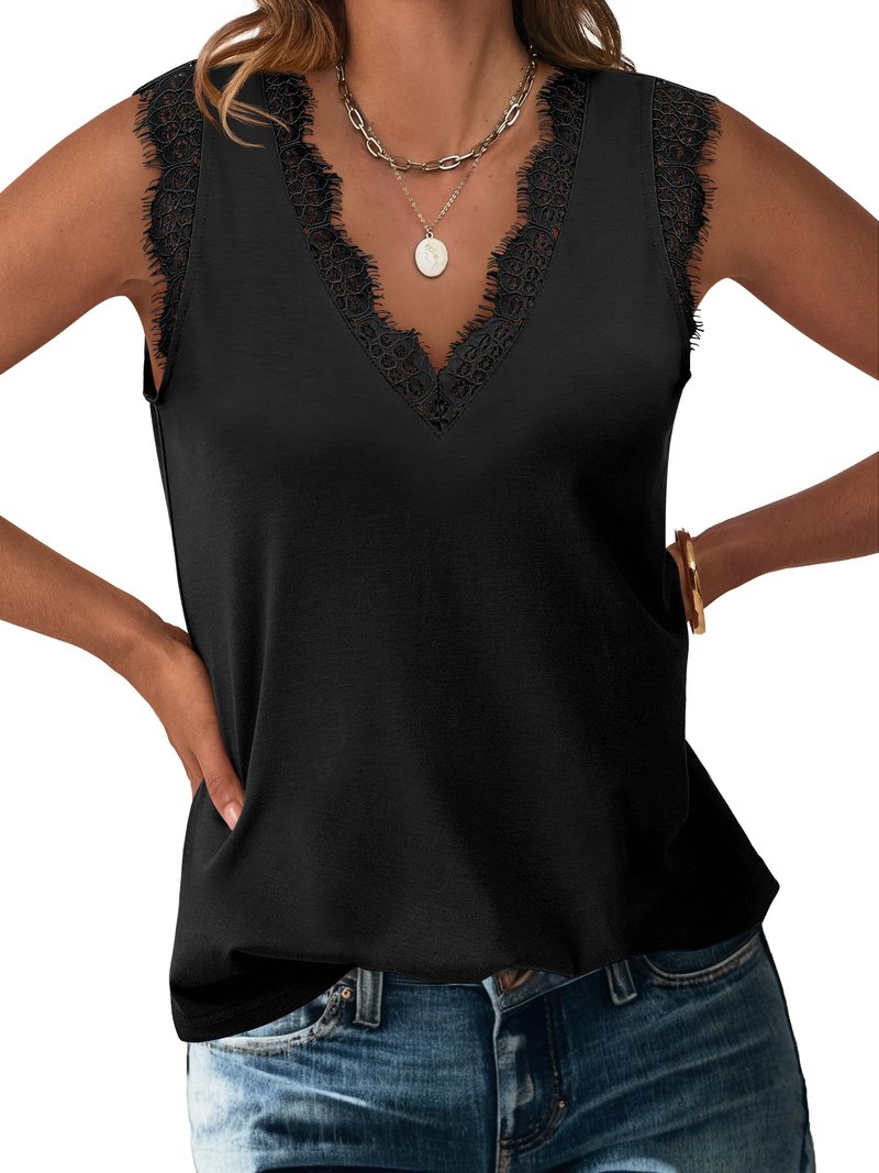ANRABESS Womens Lace Trim Tank Tops V Neck Sleeveless Shirts 2026 Summer Casual Trendy Dressy Cami Top Black Large