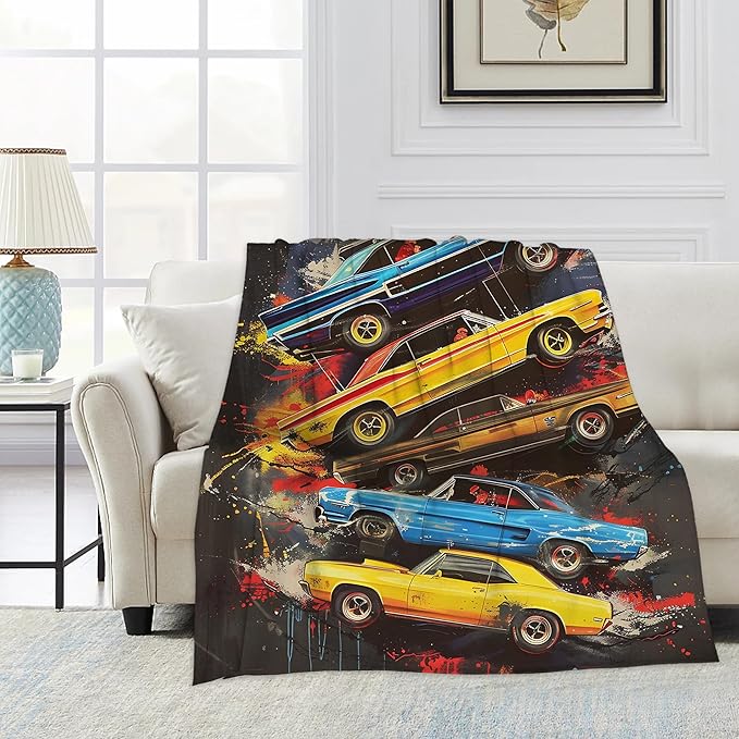 Blanket Vintage Muscle Cars Lightweight Soft Throw Blanket for Girls Teens Women, Graffiti Art Fuzzy Blanket Home Room Decor 50x60 Inches