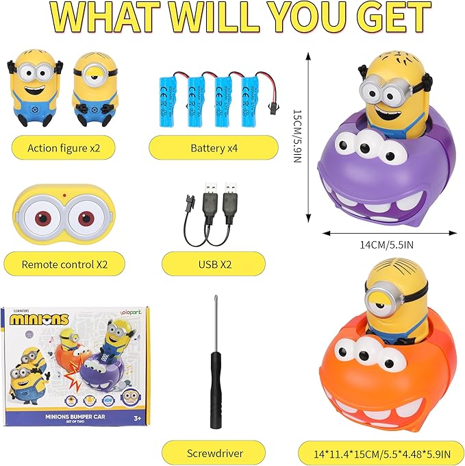 YOLOPARK Minions 2 Pack Remote Control CarDespicable Me RC Bumper Cars with Light &amp Sound Effect360° Rotating Minion Figure Bump and Eject ToysChristmas Birthday Gifts for Ages 3+ Year Old