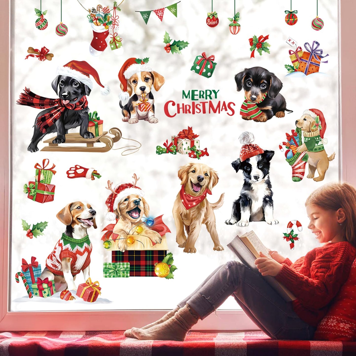 decalmile Christmas Dog Puppy Window Clings Reusable Pet Dogs Xmas Double Side Printed Window Stickers Decals Glass Door Home Party Shop Showcase Decoration