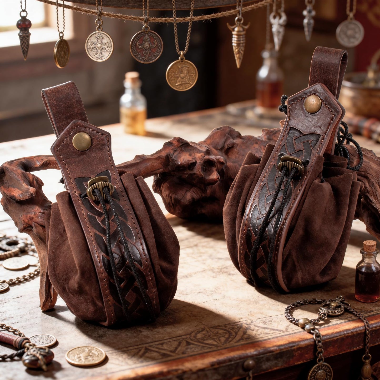 SUMGOGO Medieval Belt Pouch, Faux Leather, Renaissance Style, Small Drawstring Coin Purse, 2 Pack (A-Brown)