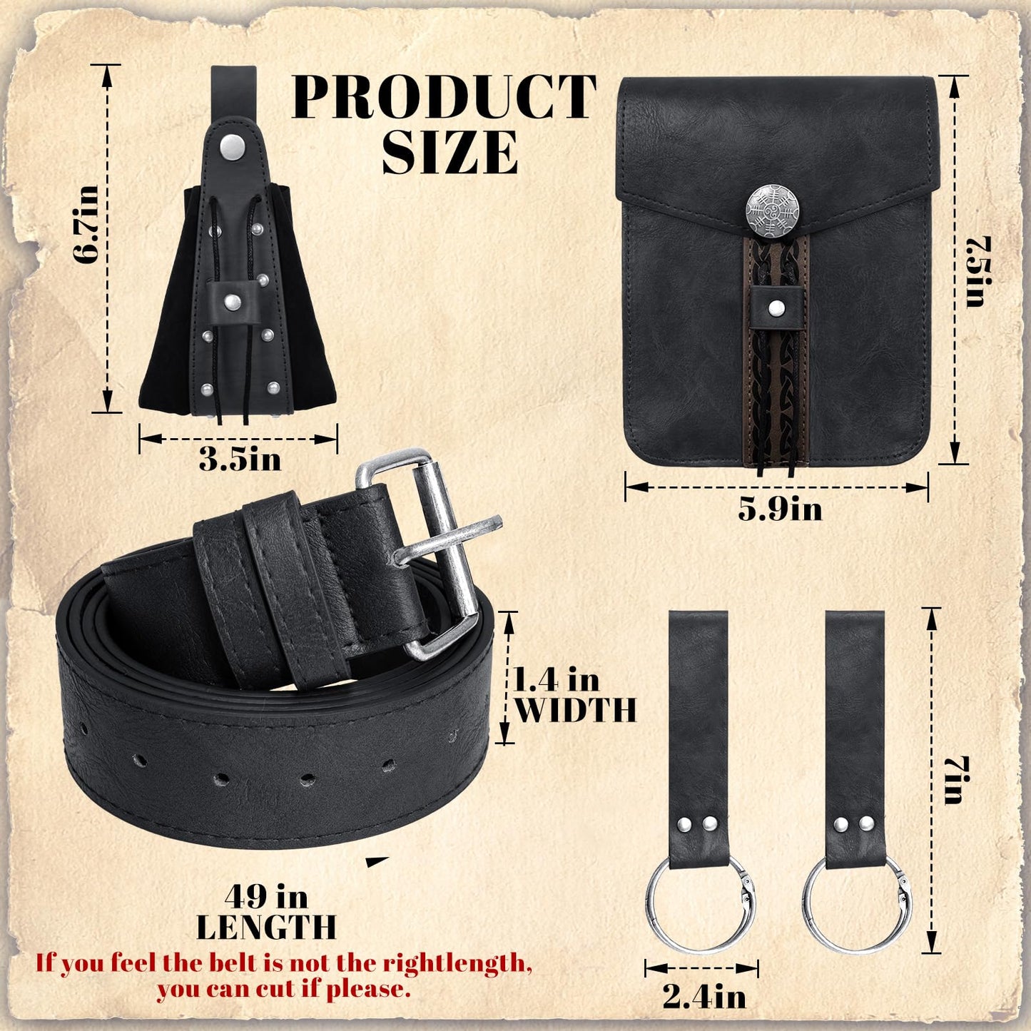 Treature Medieval Belt Pouches - Renaissance Belt Pouch Coin Purse Skirt Hike Set - Medieval Pirate Costume Halloween Cosplay for Ren Faire. (Black)