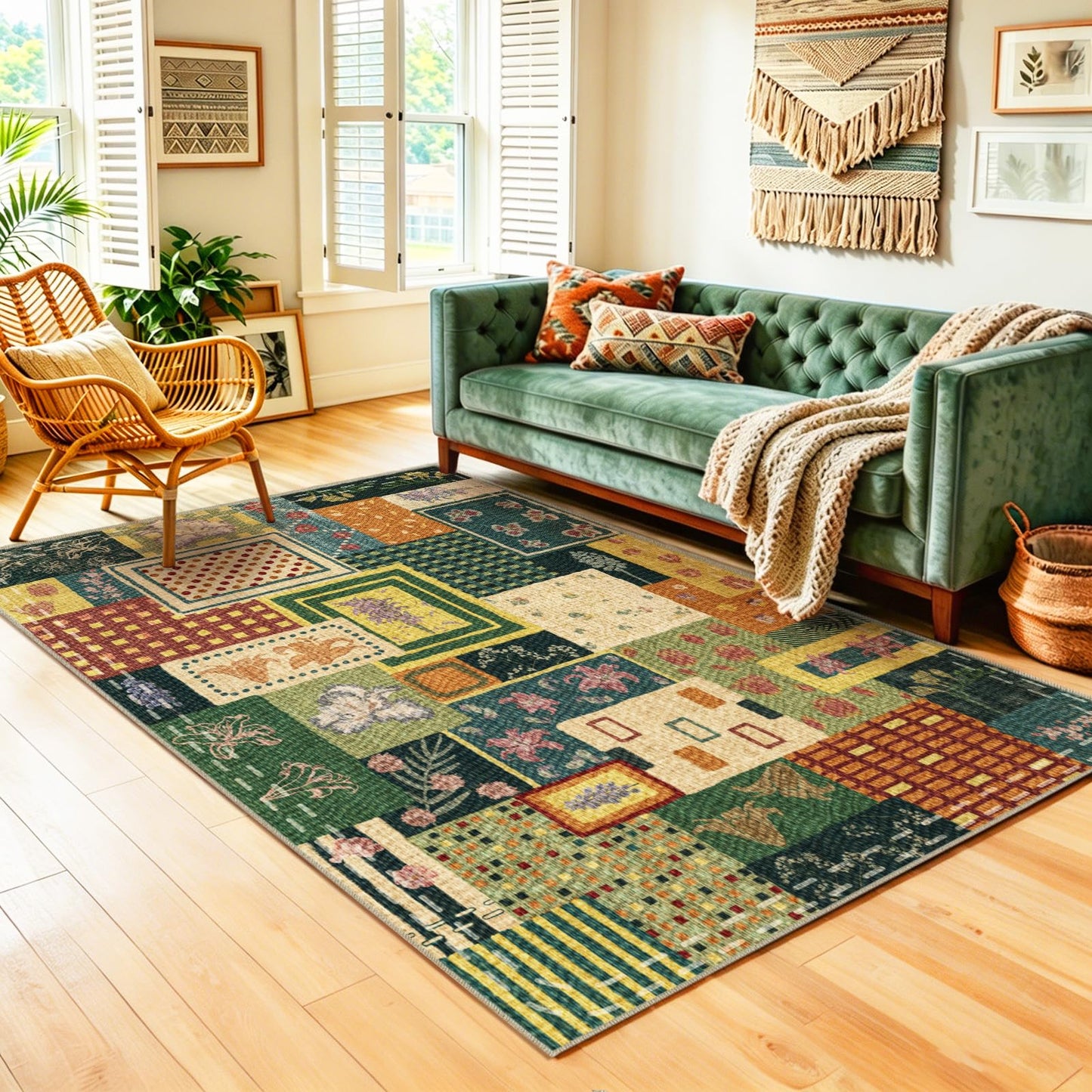Quntue Washable Easy Jute Layering Rug for Front Porch 4x6 Farmhouse Patchwork Outdoor Patio Rug Non Slip Boho Floral Indoor Outdoor Carpet for Living Room, Bedroom, Balcony, Dining, Office