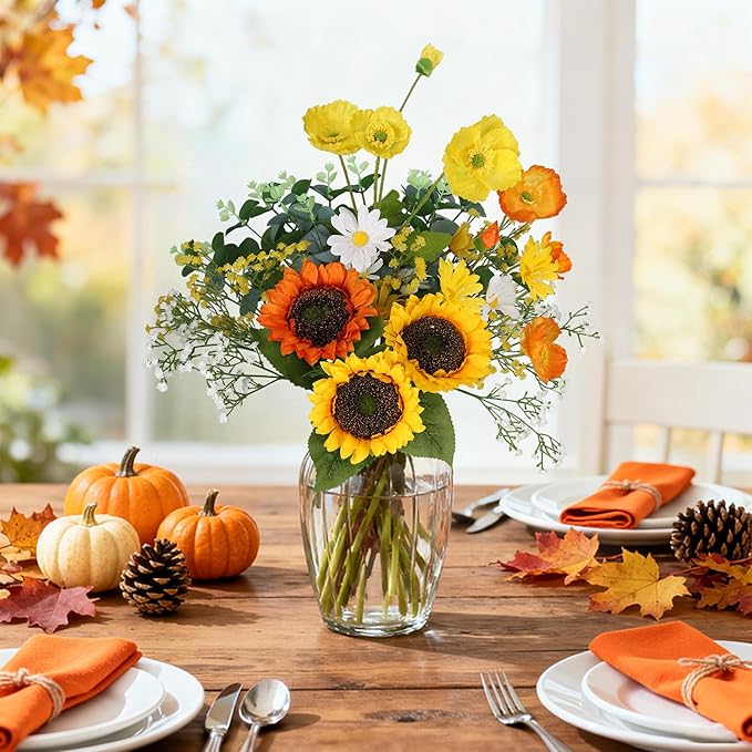 Fall Artificial Sunflowers Bouquet 20" Fake Flower for Thanksgiving with Faux Silk Sunflower for Wedding Centerpieces Home Decor Party Table Floral Arrangements Indoor Outdoor Autumn Decorations