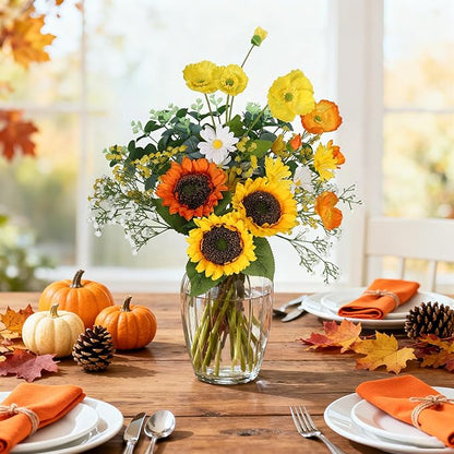 Fall Artificial Sunflowers Bouquet 20" Fake Flower for Thanksgiving with Faux Silk Sunflower for Wedding Centerpieces Home Decor Party Table Floral Arrangements Indoor Outdoor Autumn Decorations
