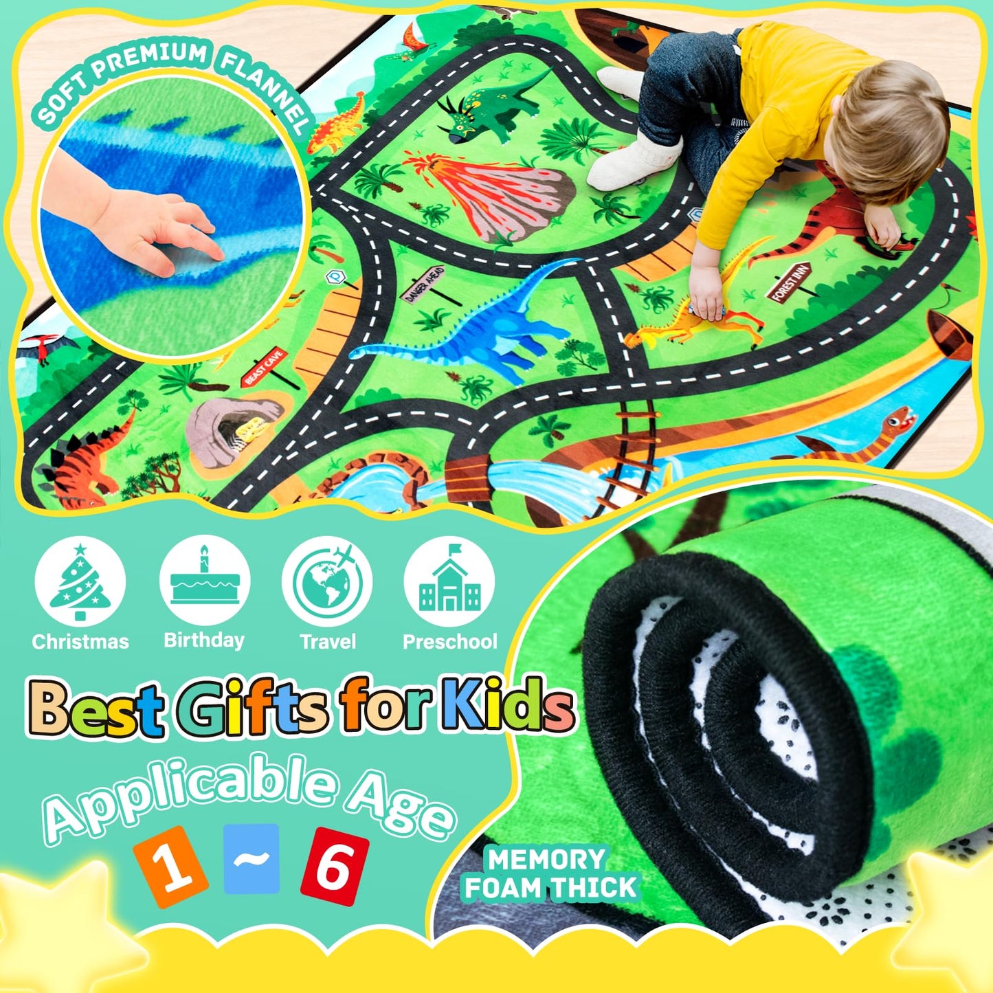 Diysani Kids Rug, Car Carpet for Kids' Toy Cars, 5x7 Ft Dinosaur Rug, Dino Safari Road Mat for Playroom, Educational Learning & Game Area Playmat Carpet for Children