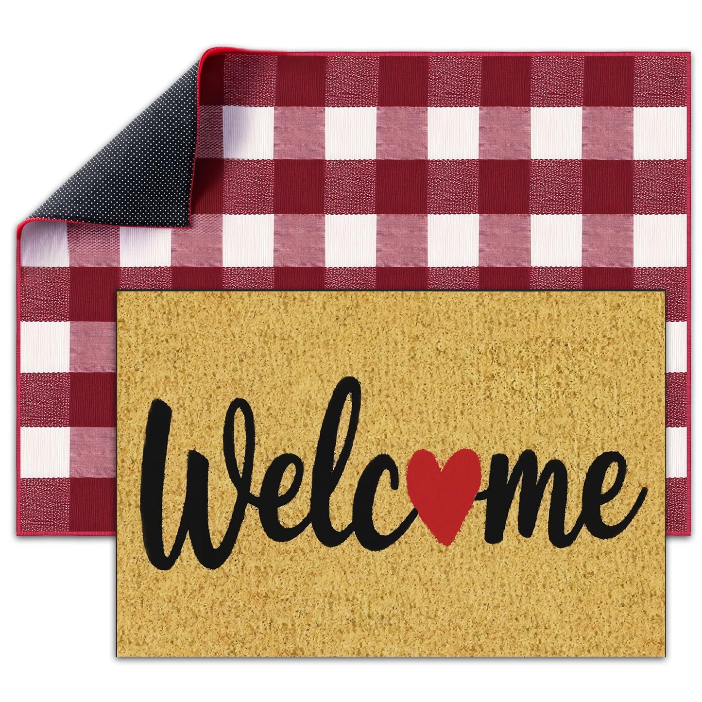APUDWN 2 Pcs Valentines Day Welcome Doormat, Heart Welcome Door Mat Valentines Day Non Slip Coir Plaid Mat Layering Doormats Seasonal for Home Bathroom Front Porch Entryway Decor 24"x 32"