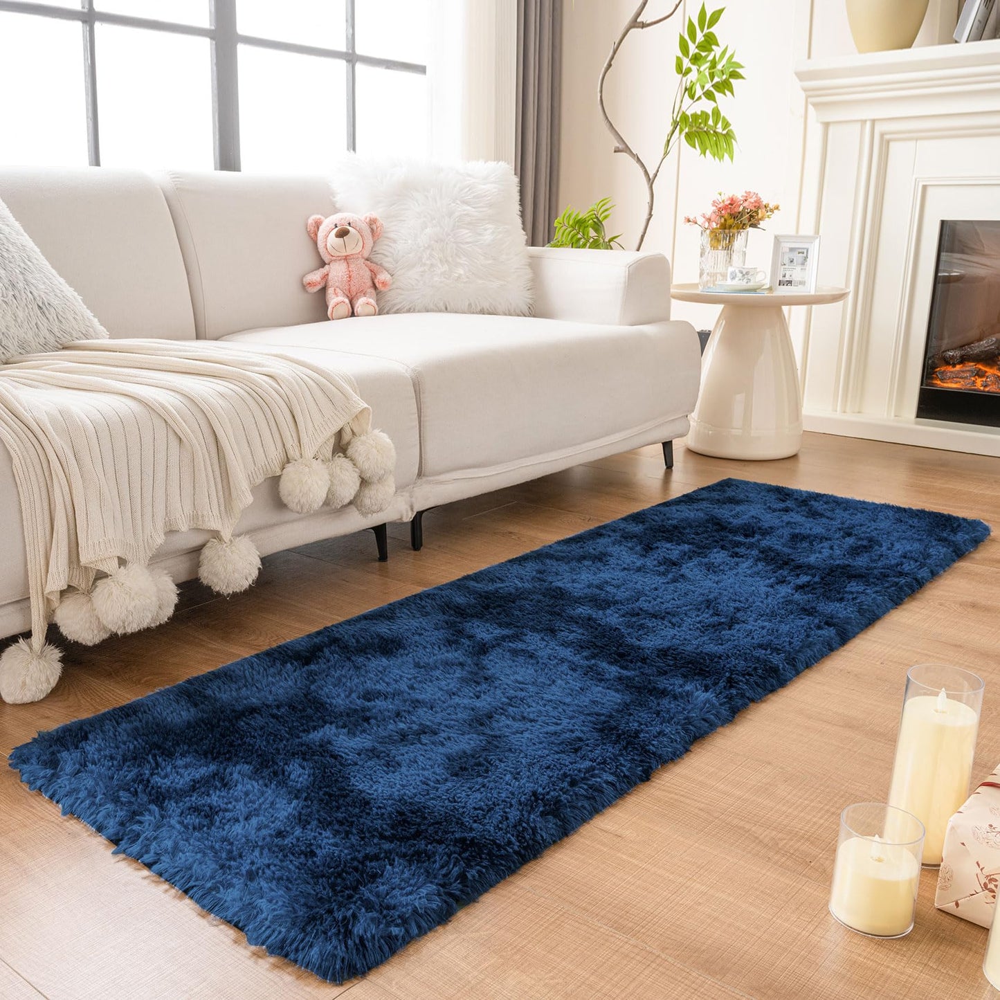 duduta Navy Blue Fluffy Plush Runner Rugs 2x6 ft Tie Dye Rectangle Shag Rug for Bedroom Dorm Living Room Kids Room, Machine Washable Anti-Slip