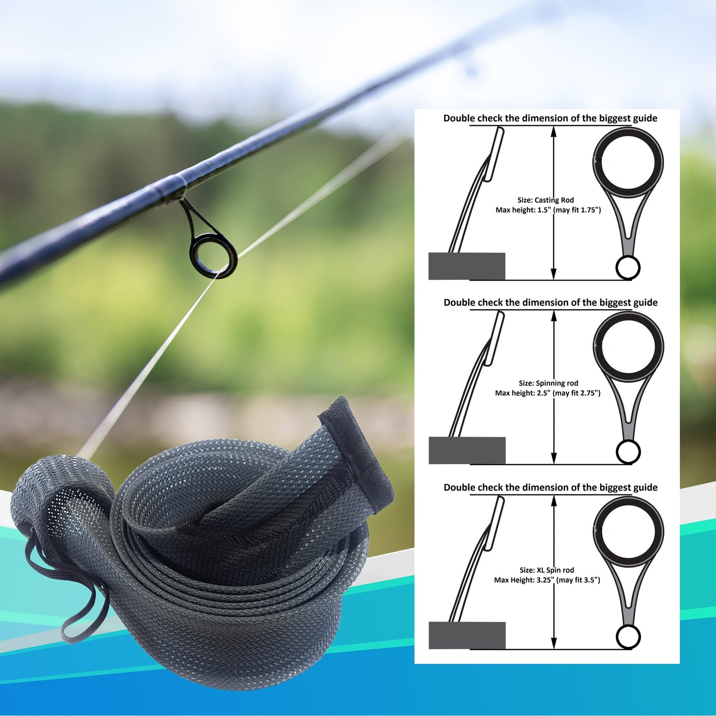 Reaction Tackle Rod Socks, Fishing Rod Sleeves and Covers for Spinning and Casting Rods, Breathable Mesh Rod Protectors with Elastic Band - Casting / Point End / 1.25" x 67" Blue (2-Pack)