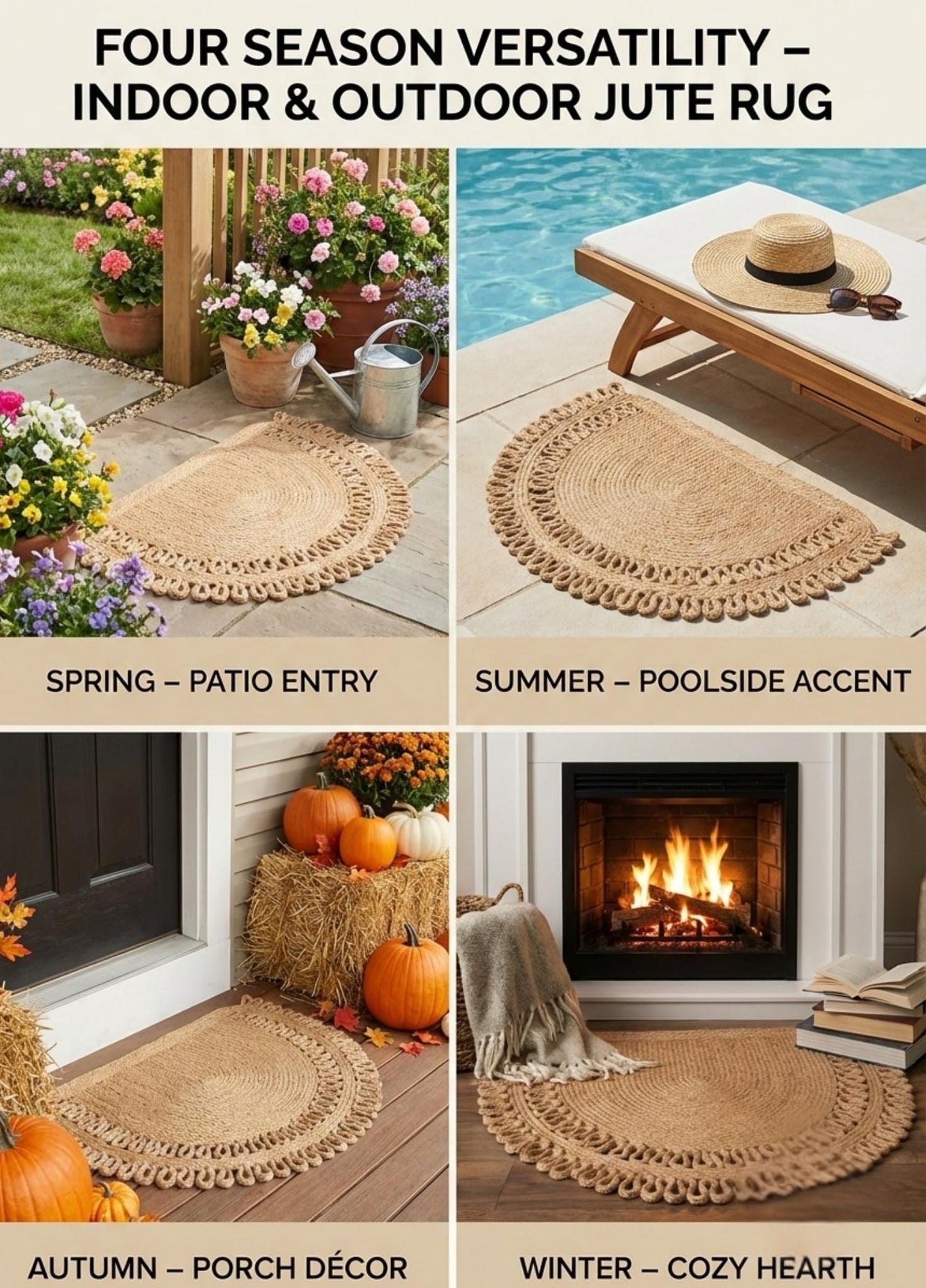 Jute Semi Circle Doormat – Half Moon Braided Front Door Mat, Non Shedding & Washable, Non Slip Backing, Waterproof Indoor Outdoor Entryway Rug for Porch, RV, Camper & Boat