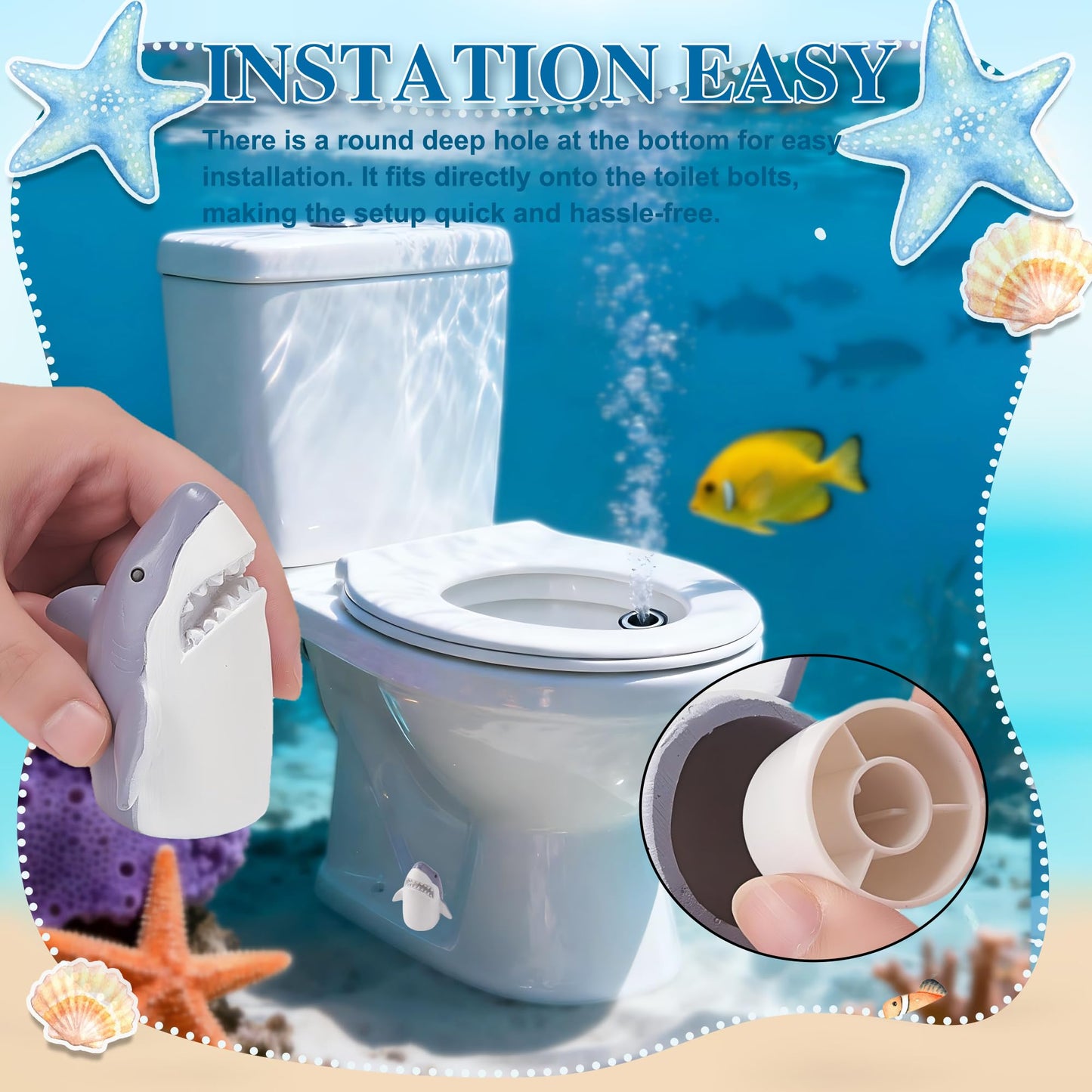 SRCVYLT 4 Pcs Toilet Bolt Covers Decorative, 2 Shark Toilet Bolt Caps with 2 Plastic Caps for Bottom, Cute Toilet Bolt Covers Set for Coastal Home Beach House, Easy to Install