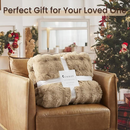 L'AGRATY Faux Rabbit Fur Blanket: 60" x 80" Twin Luxury Soft Fluffy Thick Fur Throw Blanket for Couch Bed - Cozy Plush Bubble Blankets for Winter: Flannel Fleece Decorative Blanket(Milk Tea Brown)