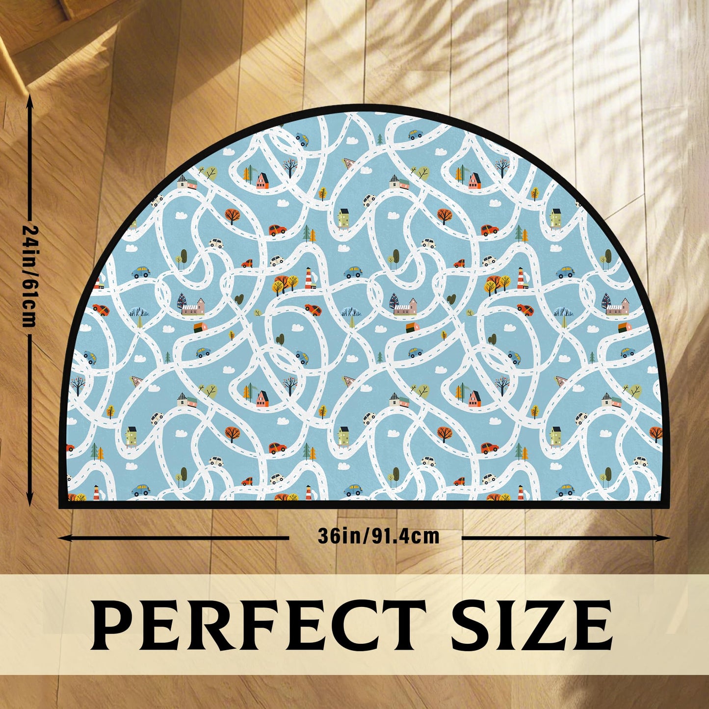 HUXINO Kids Play Mat with Maze City Road Map, Non-Slip Half Circle Rug for Car Play, Interactive Educational Game Mat for Bedroom and Playroom, 36x24 Inch