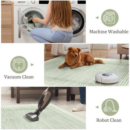Morebes Sage Green Rug for Living Room, 5x7 Washable Area Rug for Bedroom Non Slip Modern Striped Boy Room Rug, Stain-Resistant Geometric Low Pile Soft Carpet for Nursery Dining Room