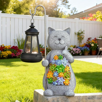 Solar Cat Garden Statue with Succulent Decor Hanging Lantern – Waterproof Resin Outdoor Figurine for Yard, Patio, Balcony – Gift for Cat Lovers, Gardeners