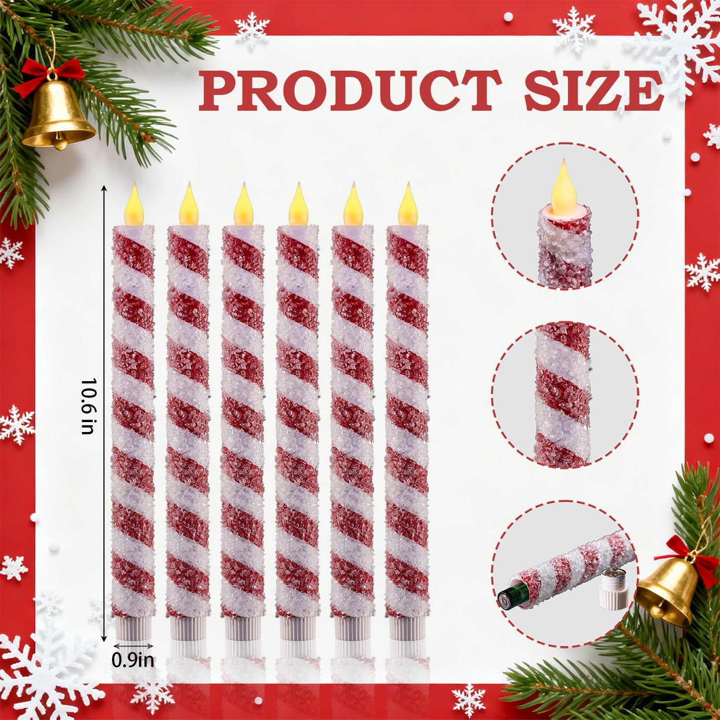 IUJOCQL 6 Pcs 10.6 Inch Christmas Flameless Taper Candles, Candy Cane Red & White Stripes Flickering LED Candles Battery Operated for Xmas Centerpiece, Holiday Party, Wedding, Home Decoration