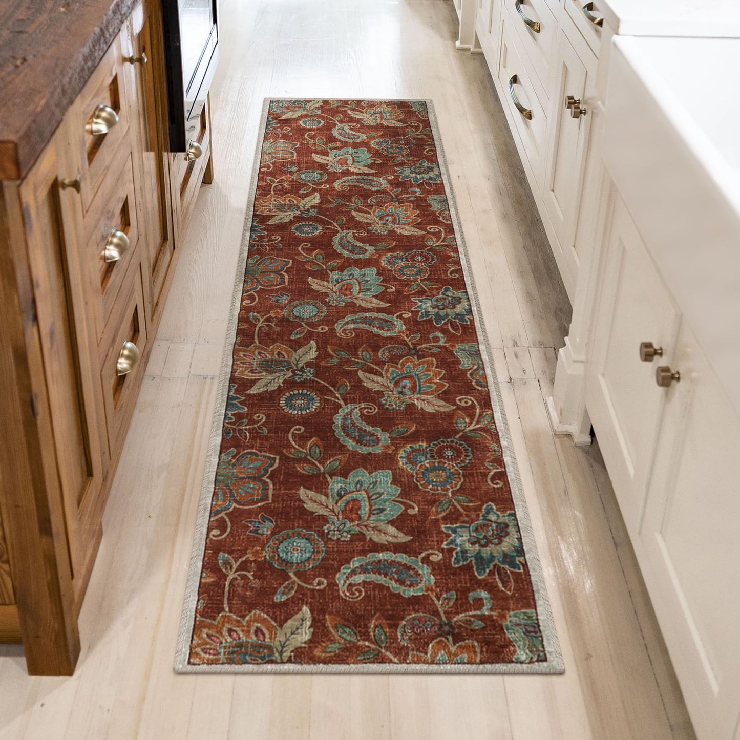 Morebes Floral 2x8 Runner Rug Non Slip,Washable Runner Rugs for Hallway 2x8, Non Skid Bath Mat Distressed Paisley Rug Indoor Floor Carpet Runner for Kitchen Entryway Laundry Foyer, Red