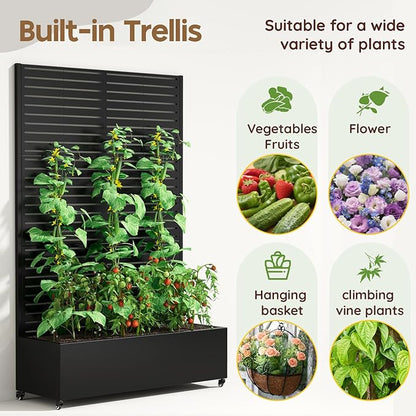 Metal Raised Garden Bed with Trellis & Wheels,72" x 47"x 15.7" Planter Box with Trellis,Privacy Planters for Patio,Garden Bed for Climbing Plants,Suitable for Climbing Plants and Vegetables,Black