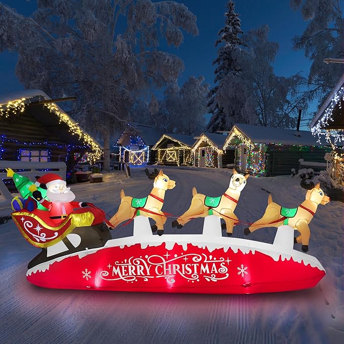 ZPISF 10 FT Santa Sleigh with Reindeer Christmas Inflatables Outdoor Decorations, Christmas Blow Up Yard Decorations for Garden Lawn Xmas Decor (Red)