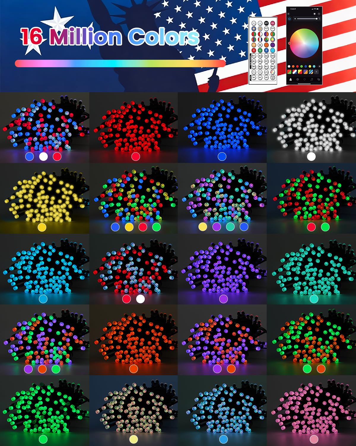 600LED Smart 4th of July String Lights | 206FT App Controlled Red White and Blue American Flag Lights, Waterproof Patriotic RGB Color Changing String Lights with Remote & Timer Outdoor for Memory Day