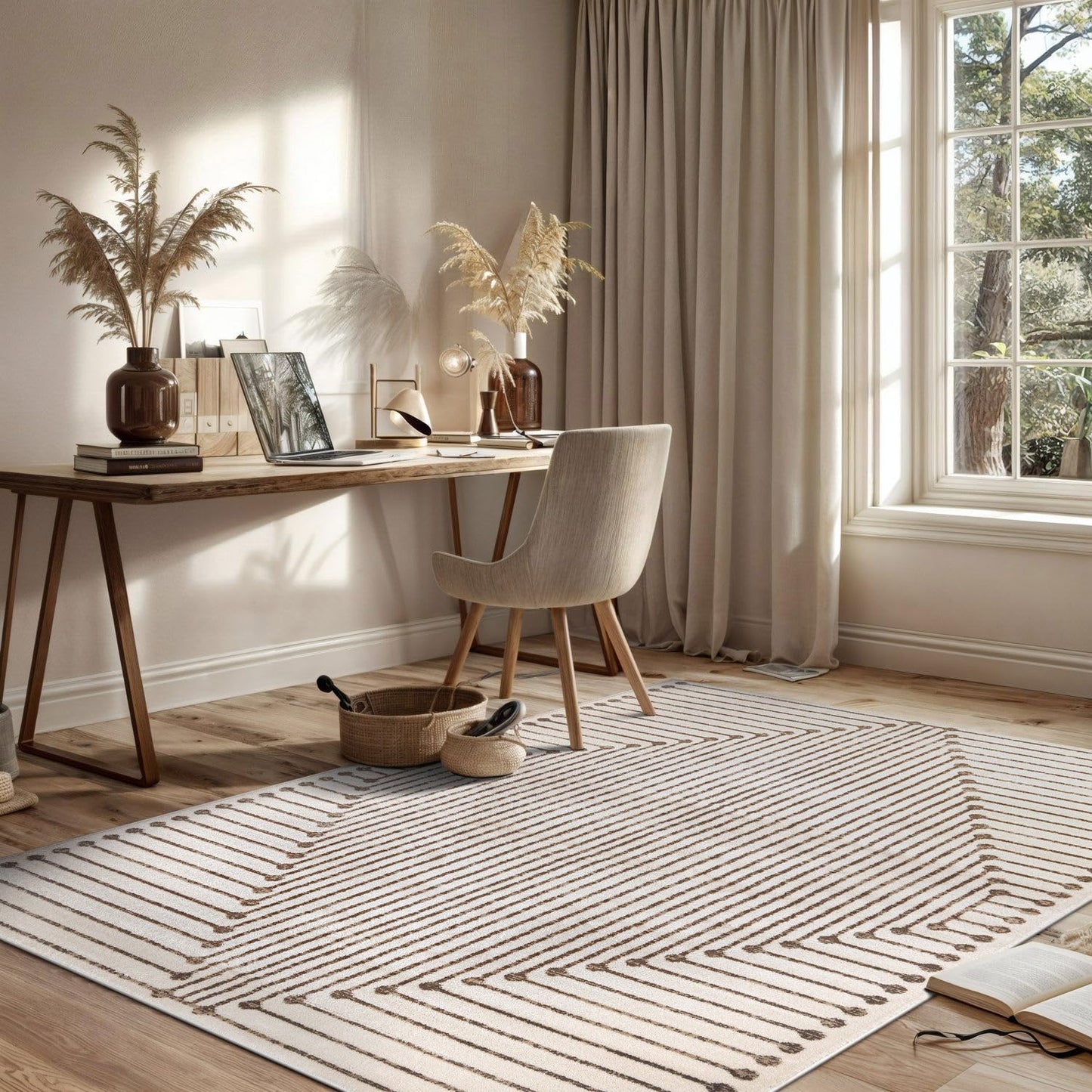 Rugshop Beige and Brown Geometric Area Rug – Soft Abstract Line Pattern Carpet for Living Room, Bedroom, or Office – Contemporary Neutral Decor Accent 4' x 6' Beige